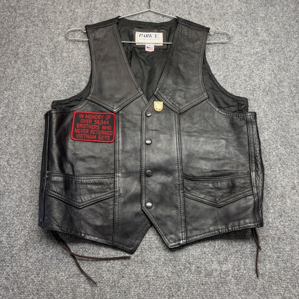 Park V Mens Black Leather Biker Vest USA Made Vietnam Veteran Patch Pin Size M